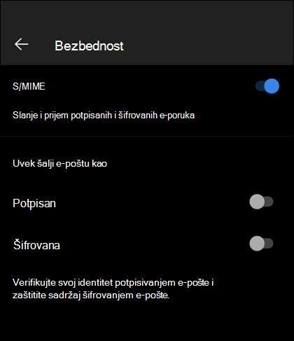 Bezbednosni ekran u programu Outlook Mobile koji prikazuje omogućen S/MIME i dostupne opcije 