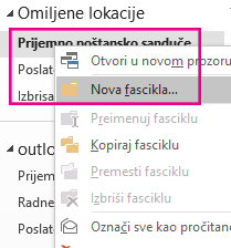 Možete da napravite novu potfasciklu pomoću menija koji se dobija kada se klikne desnim tasterom miša.