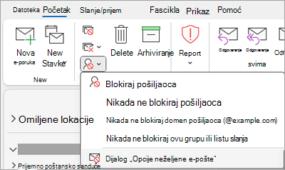 Snimak ekrana koji prikazuje padajuću listu 