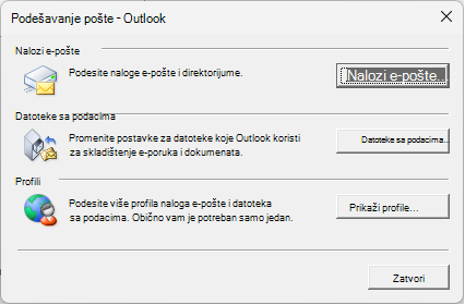 Podešavanje pošte – Outlook dijalog kojem se pristupa putem postavki pošte na Kontrolna tabla.