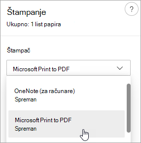 Snimak ekrana koji prikazuje izbor usluge Microsoft Print u PDF