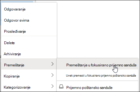 Snimak ekrana prikazuje meni koji se dobija desnim klikom miša sa opcijama 
