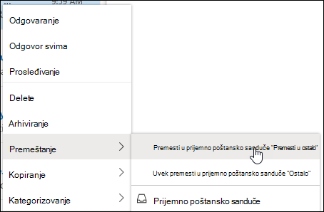 Snimak ekrana prikazuje meni koji se dobija desnim klikom miša sa opcijama za 