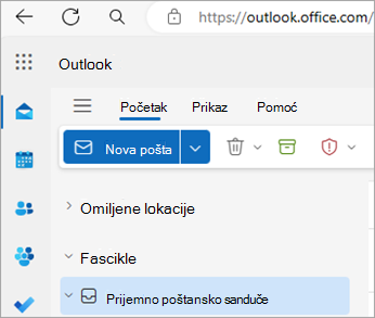 Snimak ekrana koji prikazuje matičnu stranicu programa Outlook na vebu