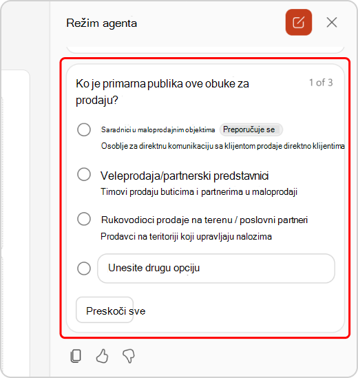 Pojašnjavanje pitanja u ćaskanju u režimu agenta