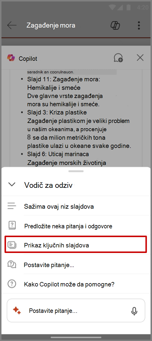 Snimak ekrana usluge Copilot u programu PowerPoint na Android uređaju sa odzivom „Prikaži ključne slajdove“