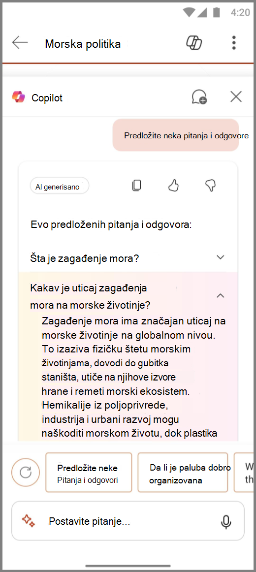 Snimak ekrana usluge Copilot u programu PowerPoint na Android uređaju sa rezultatima upita 