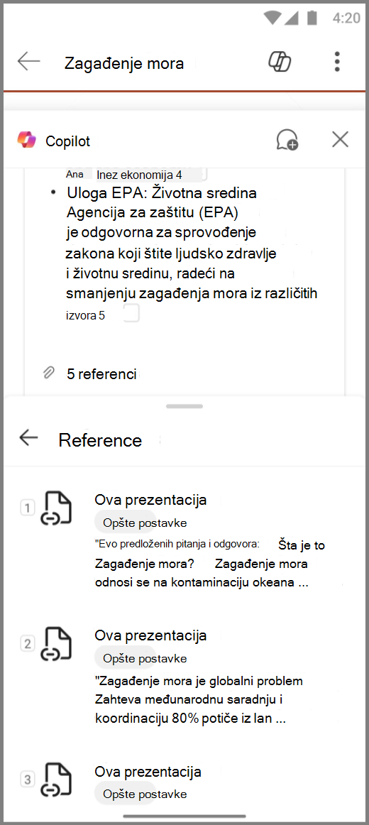 Snimak ekrana usluge Copilot u programu PowerPoint na Android uređaju sa referencama za opciju „Rezimiraj ovaj niz odgovora“
