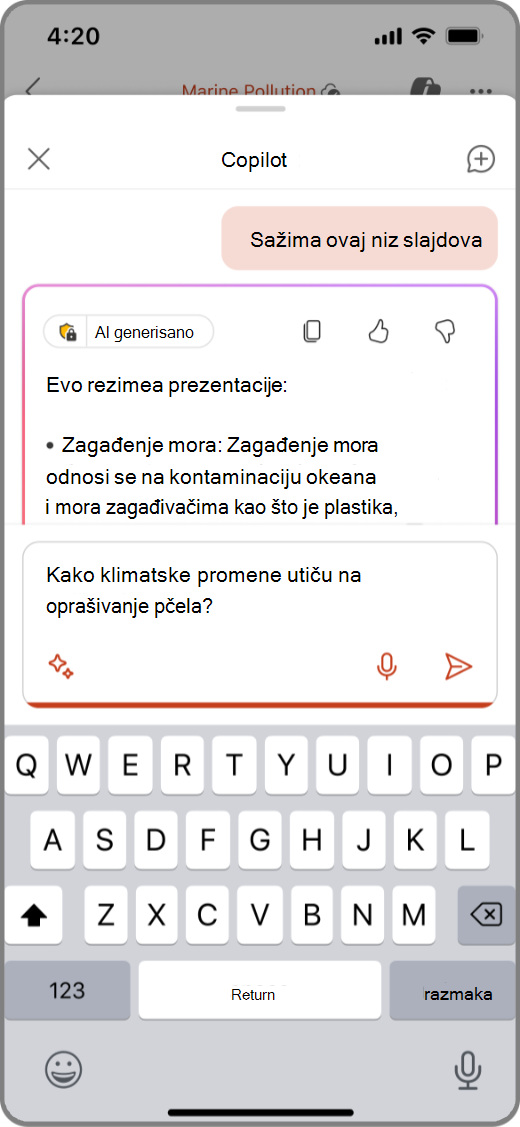 Snimak ekrana usluge Copilot u programu PowerPoint na iOS uređaju sa odzivom u okviru za sastavljanje