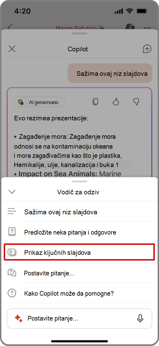 Snimak ekrana usluge Copilot u programu PowerPoint na iOS uređaju sa odzivom „Prikaži ključne slajdove“
