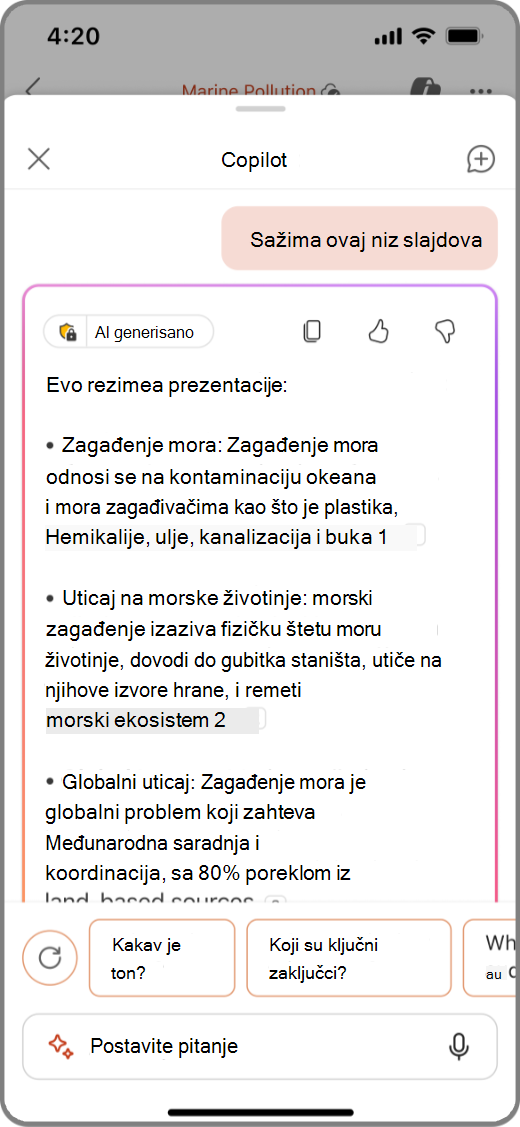 Snimak ekrana usluge Copilot u programu PowerPoint na iOS uređaju sa rezultatima za „Rezimiraj ovaj niz“