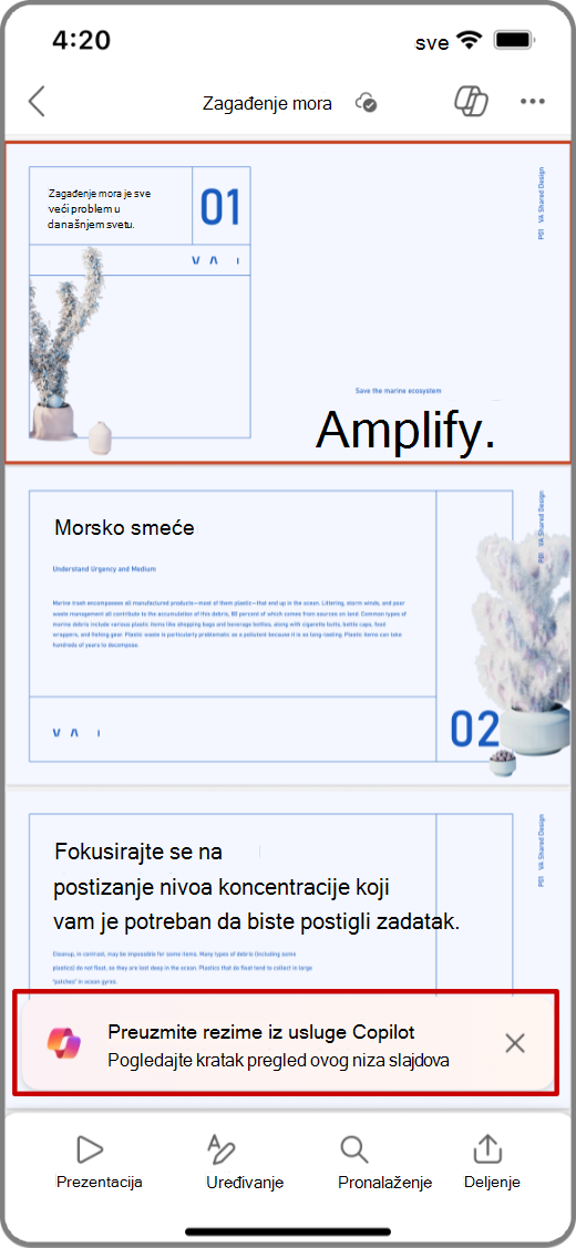 Snimak ekrana usluge Copilot u programu PowerPoint na iOS uređaju sa istaknutim odzivom „Preuzmi rezime“