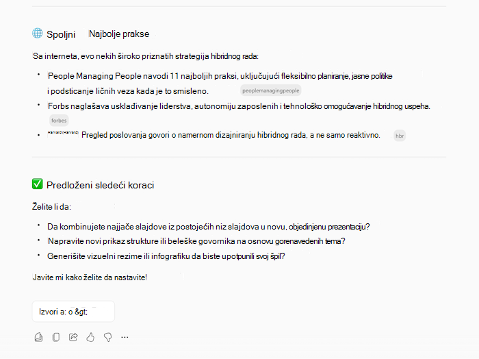 Snimak ekrana odgovora funkcije Copilot za kreiranje prezentacije, koji prikazuje informacije o traženoj temi i prateća pitanja.
