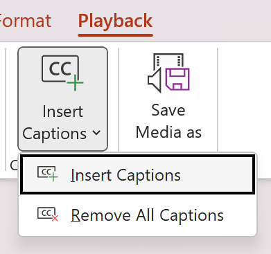Snimak ekrana koji prikazuje umetanje natpisa za video u programu PowerPoint.
