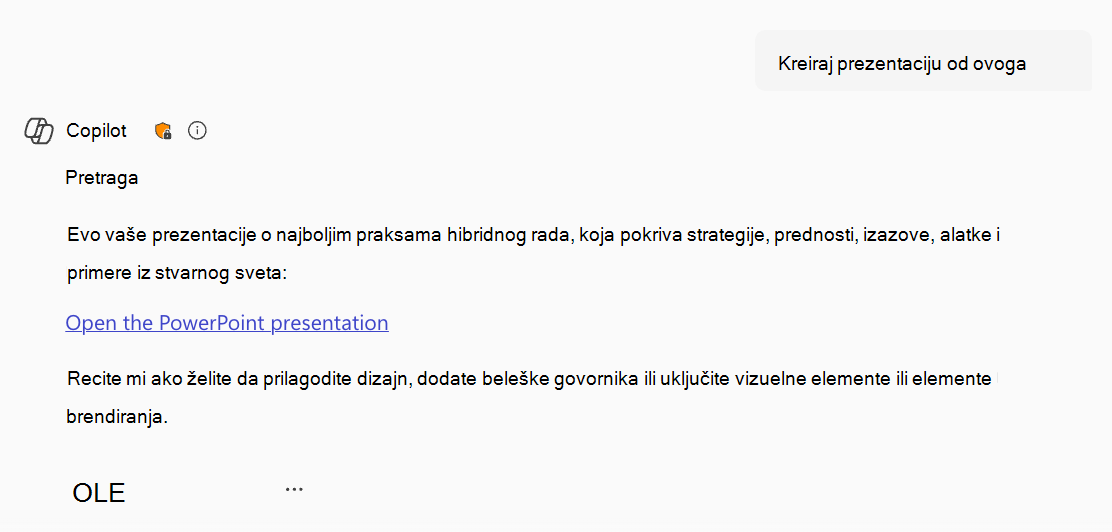 Snimak ekrana funkcije Microsoft Copilot koja generiše PowerPoint i obezbeđuje vezu nazad korisniku.