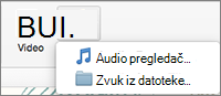 Umetanje menija zvuka sa zvukom iz datoteke i izbora pregledača zvuka