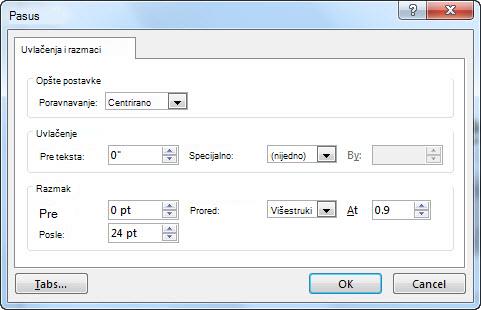 Dijalog pasusa u programu PowerPoint