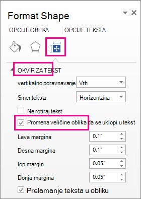 Snimak ekrana koji prikazuje promenu veličine oblika da bi se uklopio u tekst u oknu 