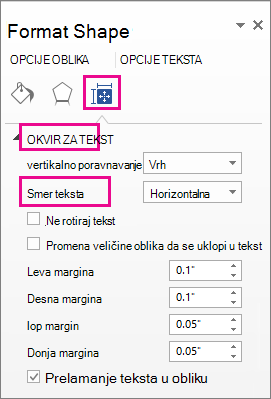 Snimak ekrana koji prikazuje smer teksta u oknu 