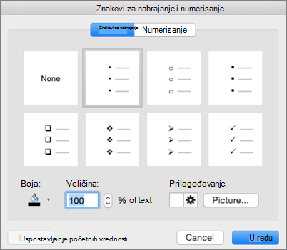 Office for Mac Bullet and Numbering dialog