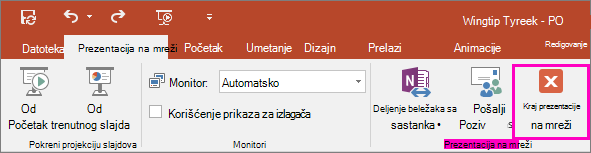Prikazuje dugme „Završi prezentaciju na mreži“ u programu PowerPoint
