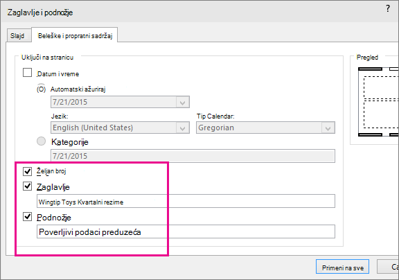 Prikazuje dijalog za zaglavlja u programu PowerPoint
