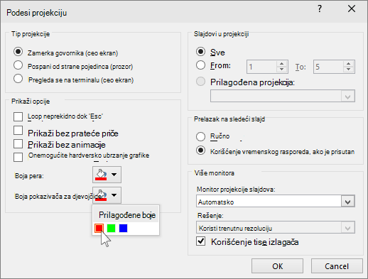 Snimak ekrana koji prikazuje opcije laserskog pokazivača u programu PowerPoint