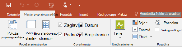 Prikazuje traku mastera propratnog sadržaja u programu PowerPoint