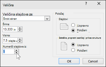prikazuje dijalog za veličinu slajda u programu PowerPoint