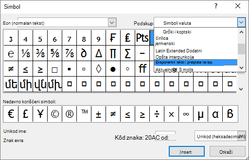 U dijalogu „Simbol“ u programu PowerPoint prikazuje podskup indeksnog i eksponentnog teksta