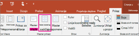 Prikazuje „Prikaži master propratnog sadržaja“ u programu PowerPoint