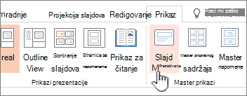 prikazuje dugme za master slajda na traci u programu PowerPoint
