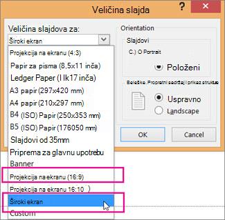 Široki ekran ili Projekcija na ekranu 16:9