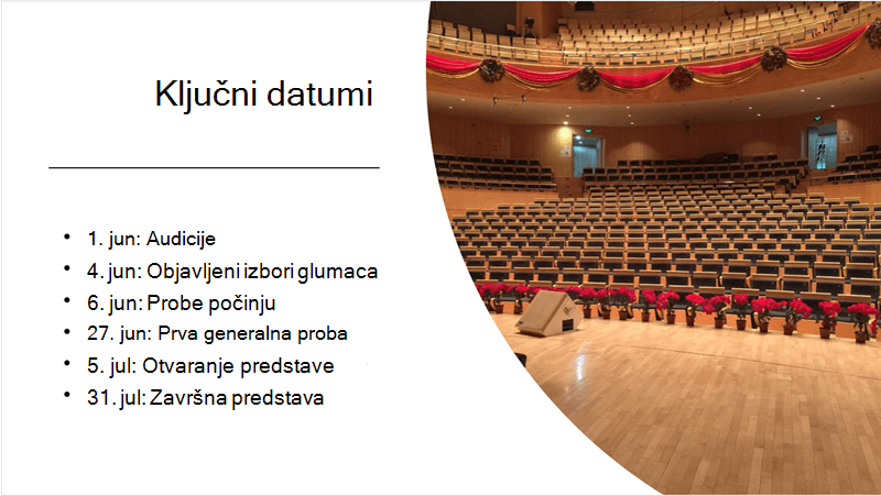 Uzorak slajda sa tekstualnom vremenskom osom i fotografijom koje su ideje za dizajn rasporedile i rasporedile.