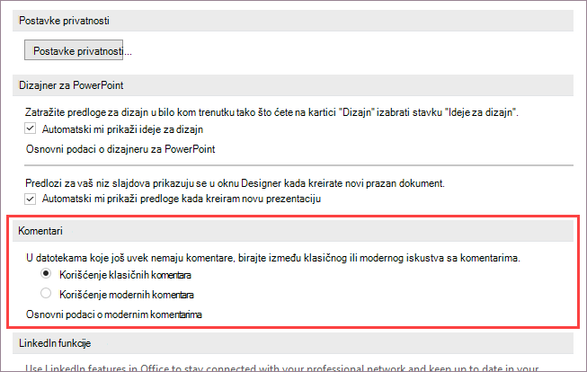 Snimak ekrana koji prikazuje opcije za moderne komentare