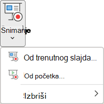 Komande „Snimanje projekcije slajdova“ na kartici „Snimanje“ u programu PowerPoint.