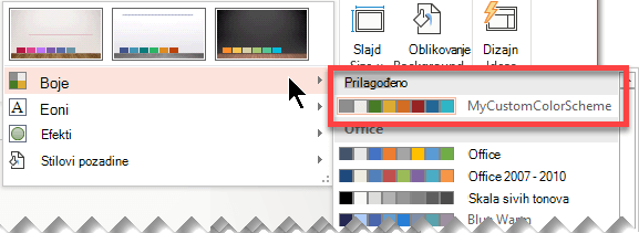Kada definišete prilagođenu šemu boja, ona se pojavljuje u padajućem meniju „Boje“