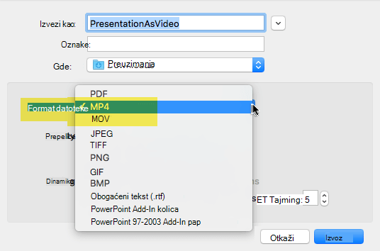 Pretplatnici na Office 365 mogu da izvezu prezentaciju u video kao MP4 ili MOV datoteku