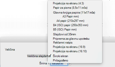 Postoji nekoliko unapred definisanih opcija veličine slajda u dijalogu 