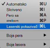 Snimak ekrana koji prikazuje laserski pokazivač iz iskačućeg menija