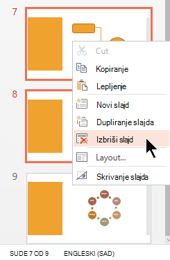Kliknite desnim tasterom miša na slajd, a zatim izaberite stavku „Izbriši slajd“