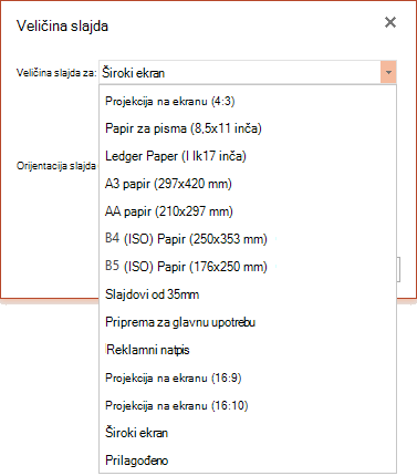 Opcije veličine slajda u programu PowerPoint Online
