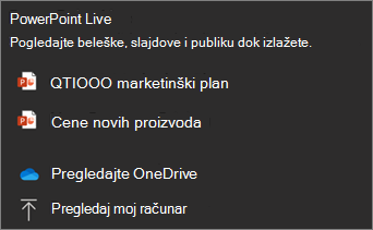 Snimak ekrana menija za deljenje u usluzi PowerPoint Live koji prikazuje izbore datoteka i stavke 