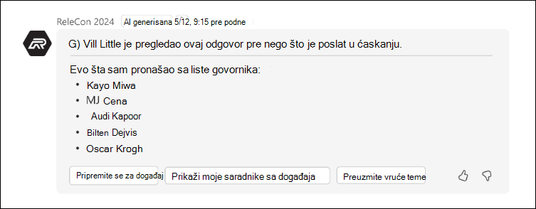 Snimak ekrana odgovora sa informacijama o odobravanju
