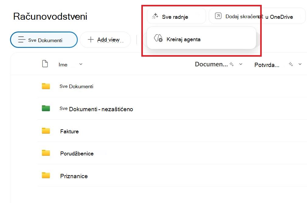 Snimak ekrana koji prikazuje dugme za kreiranje agenta iz SharePoint biblioteke dokumenata.