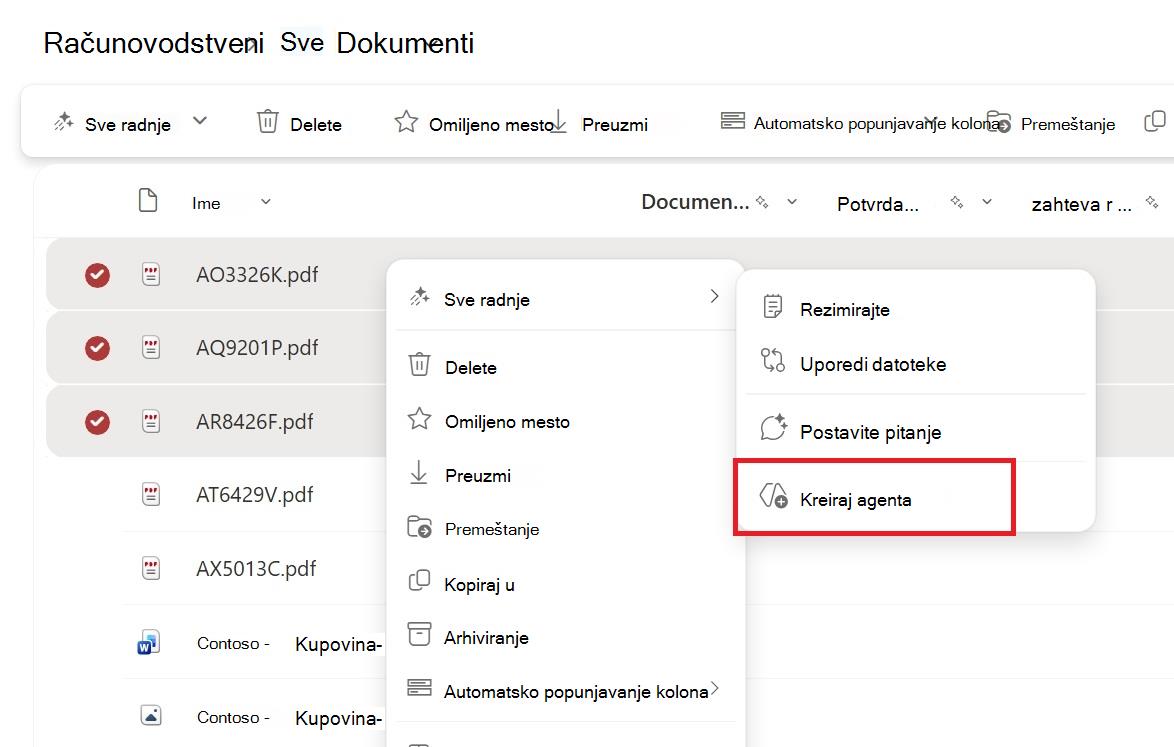 Snimak ekrana koji prikazuje dugme za kreiranje agenta iz kontekstualnog menija izbora datoteke ili fascikle