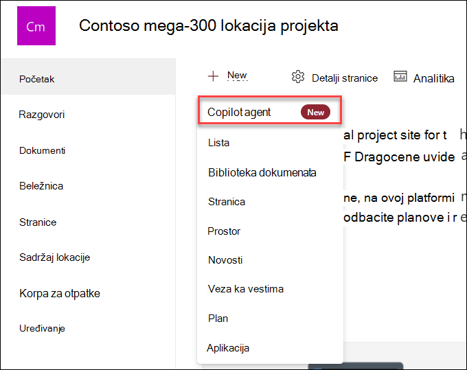 Snimak ekrana kreiranja novog Copilot agenta sa matične stranice sajta