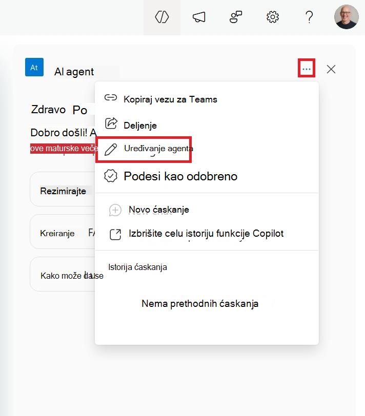 Snimak ekrana menija za uređivanje SharePoint agenta iz prikolice