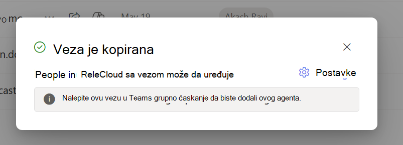 Dijalog za informisanje korisnika da je veza za deljenje kopirana u ostavu.