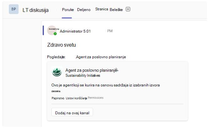 Snimak ekrana koji prikazuje razvijanje veze SharePoint agenta na Teams kanalima